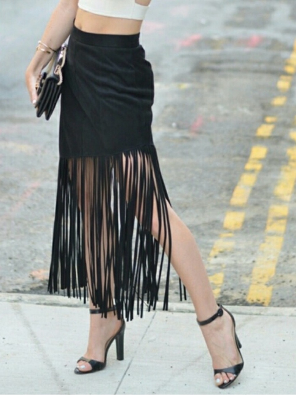 Black Fringe Midi Skirt - Women